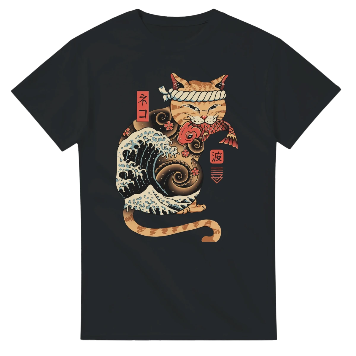 T-shirt « Chat Maneki - Neko Japonais » avec Vague d’Hokusai | Design Unique Unisexe Homme & Femme T-shirt - KAWAII FAVIE