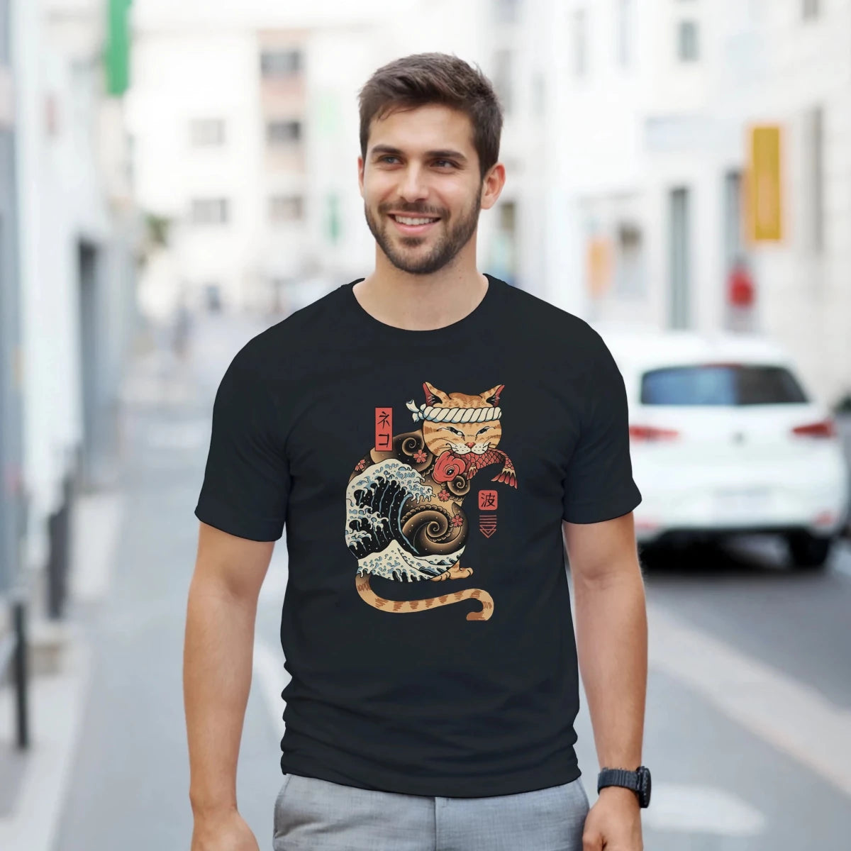 T-shirt « Chat Maneki - Neko Japonais » avec Vague d’Hokusai | Design Unique Unisexe Homme & Femme T-shirt - KAWAII FAVIE