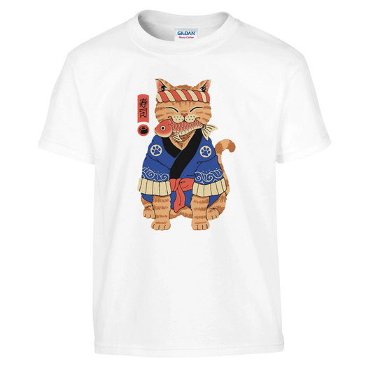 T-shirt Enfant à Col Rond | Chat en Kimono avec Motif Japonais T-shirt - KAWAII FAVIE