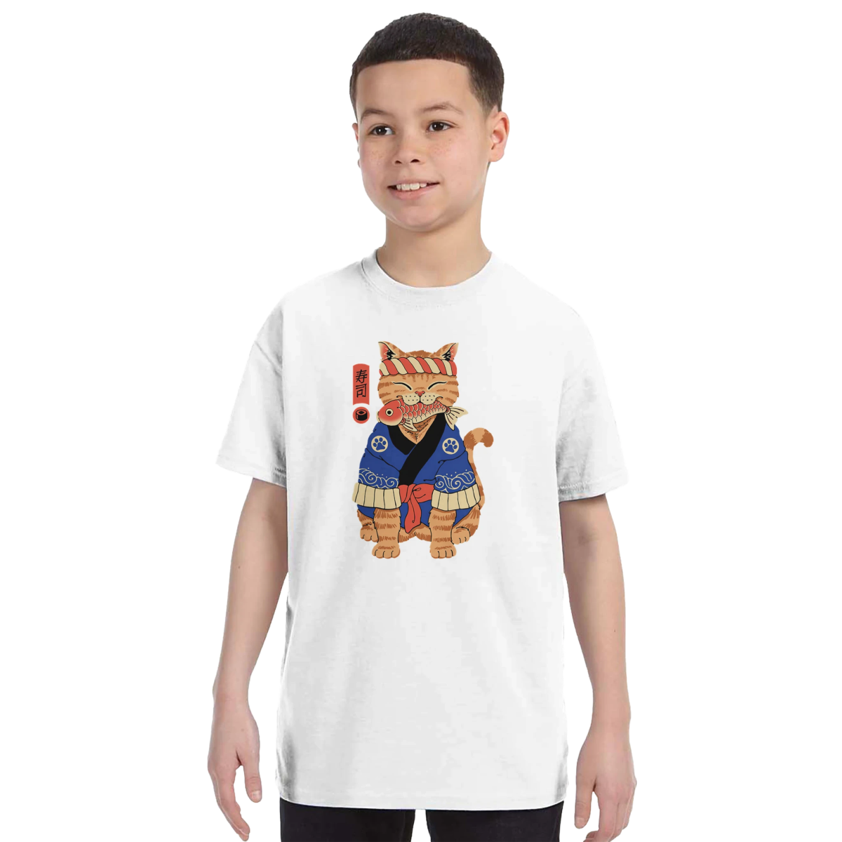 T-shirt Enfant à Col Rond | Chat en Kimono avec Motif Japonais T-shirt - KAWAII FAVIE