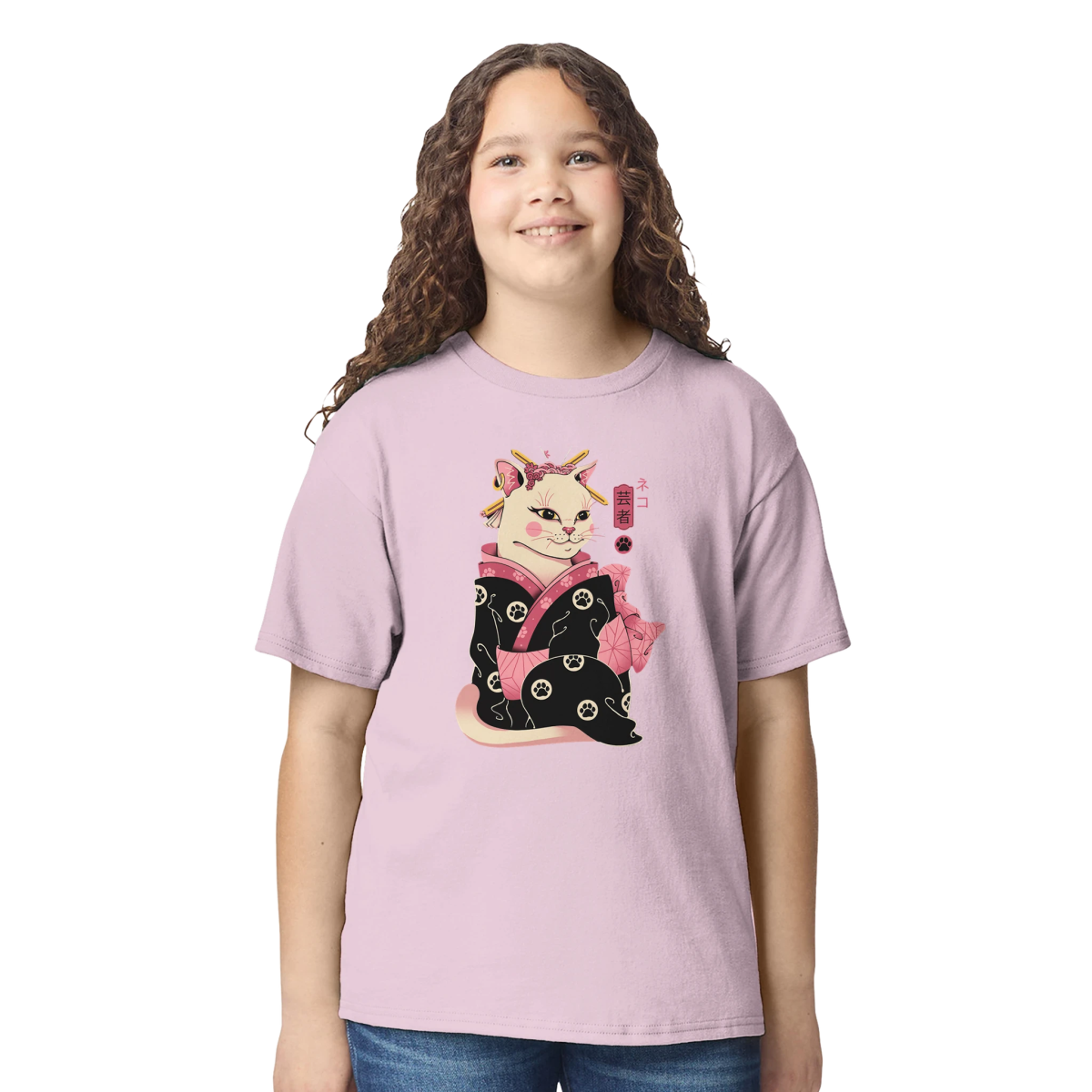 T-shirt Enfant à Col Rond | Chat Geisha en Kimono - Style Japonais T-shirt - KAWAII FAVIE