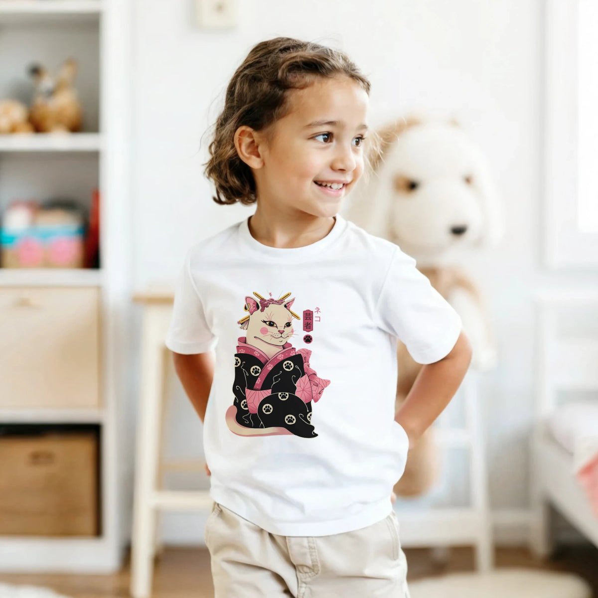 T-shirt Enfant à Col Rond | Chat Geisha en Kimono - Style Japonais T-shirt - KAWAII FAVIE