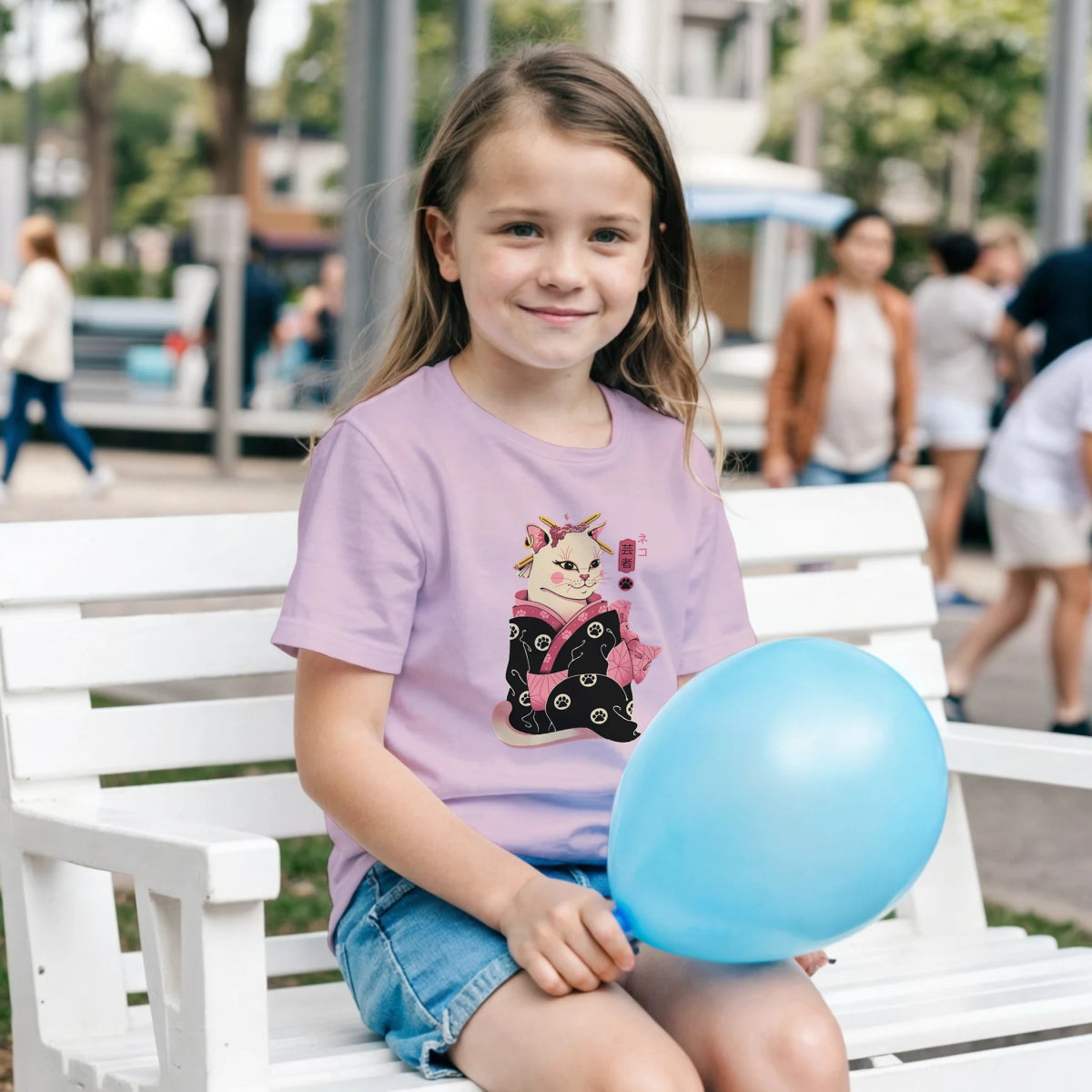 T-shirt Enfant à Col Rond | Chat Geisha en Kimono - Style Japonais T-shirt - KAWAII FAVIE