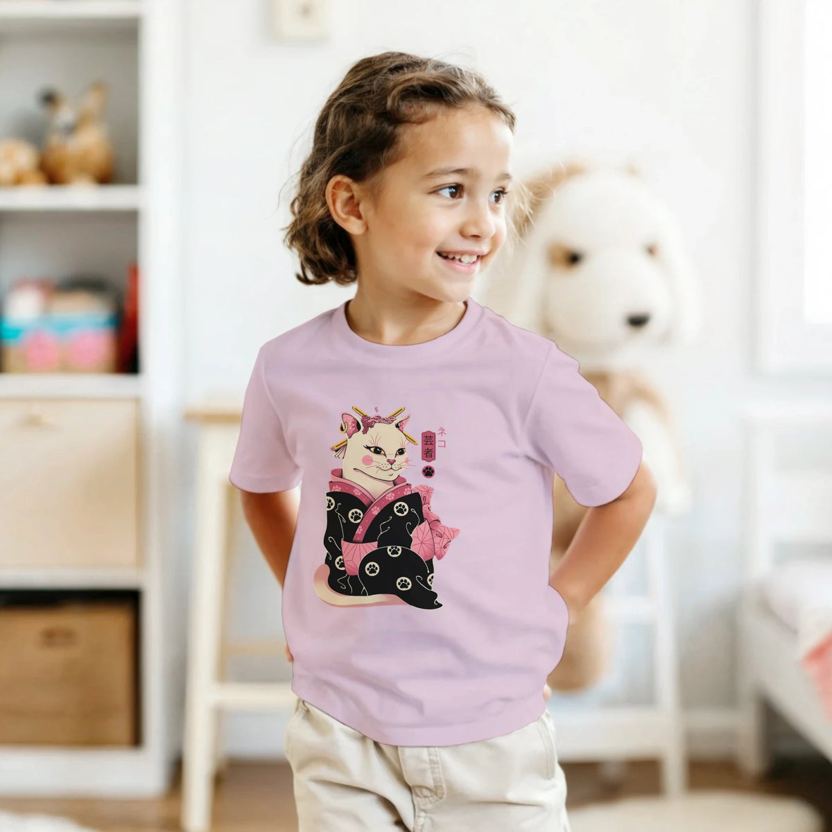 T-shirt Enfant à Col Rond | Chat Geisha en Kimono - Style Japonais T-shirt - KAWAII FAVIE