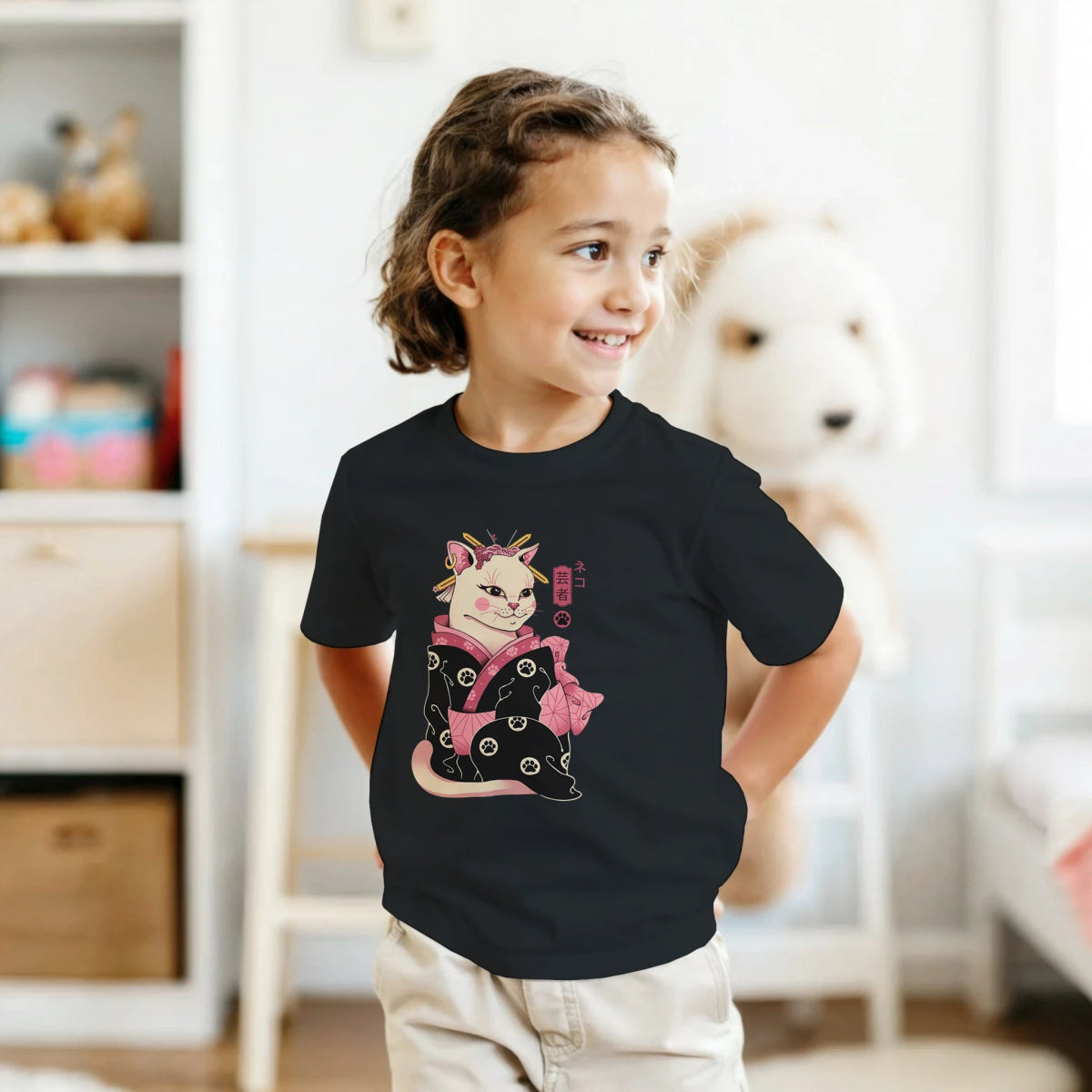 T-shirt Enfant à Col Rond | Chat Geisha en Kimono - Style Japonais T-shirt - KAWAII FAVIE