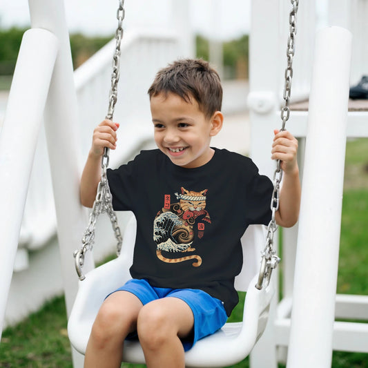 T-shirt Enfant à Col Rond | Chat Japonais, Vagues & Kanji - Design Unique T-shirt - KAWAII FAVIE