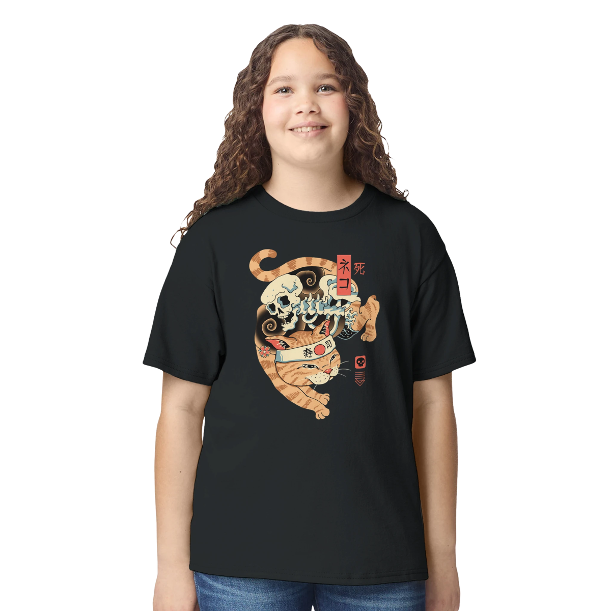 T-shirt Enfant à Col Rond | Chat Tigre & Crâne - Style Japonais T-shirt - KAWAII FAVIE