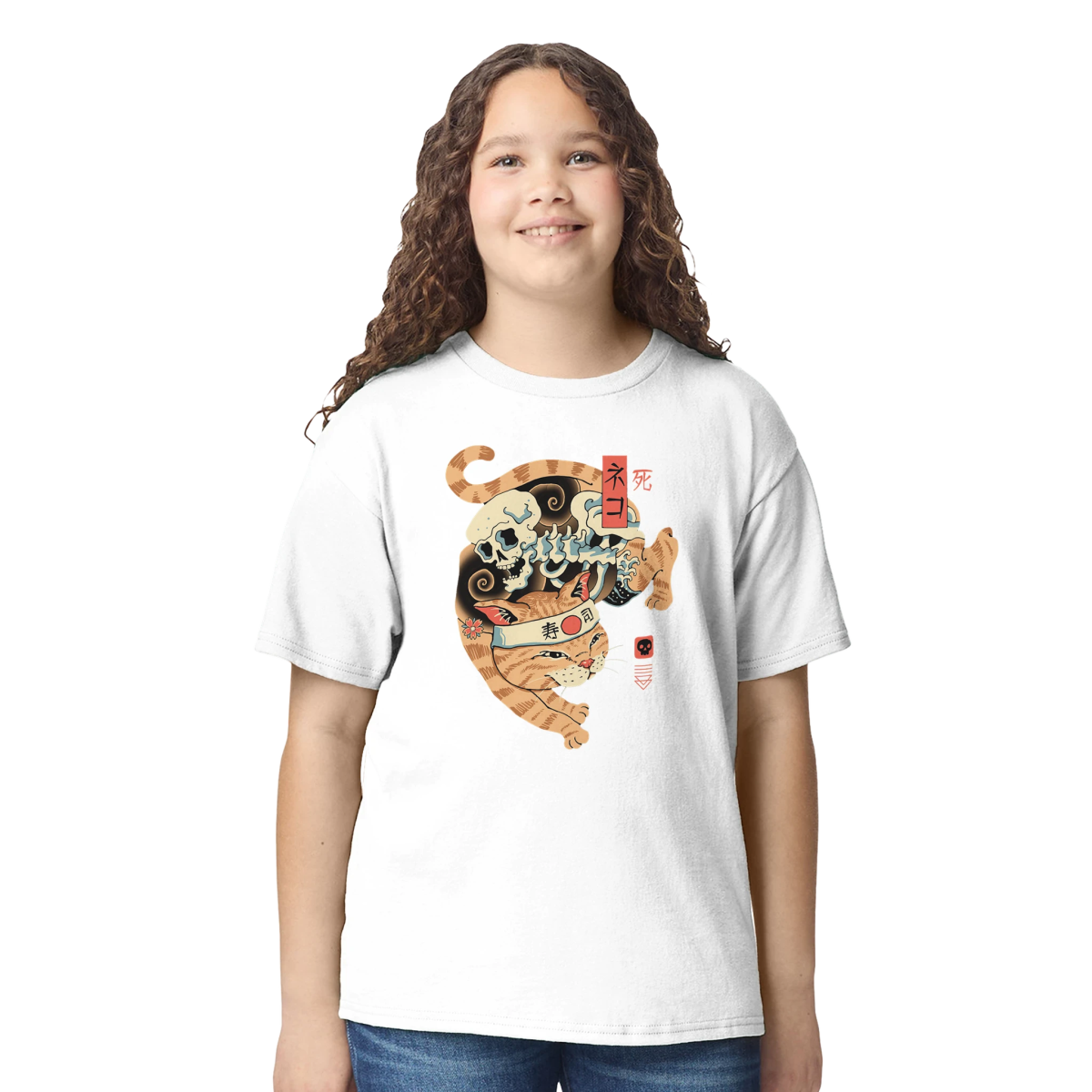 T-shirt Enfant à Col Rond | Chat Tigre & Crâne - Style Japonais T-shirt - KAWAII FAVIE