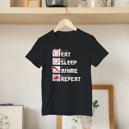 T-shirt Enfant à Col Rond | Manger Dormir Anime Répéter | Coton Doux pour Enfants T-shirt - KAWAII FAVIE