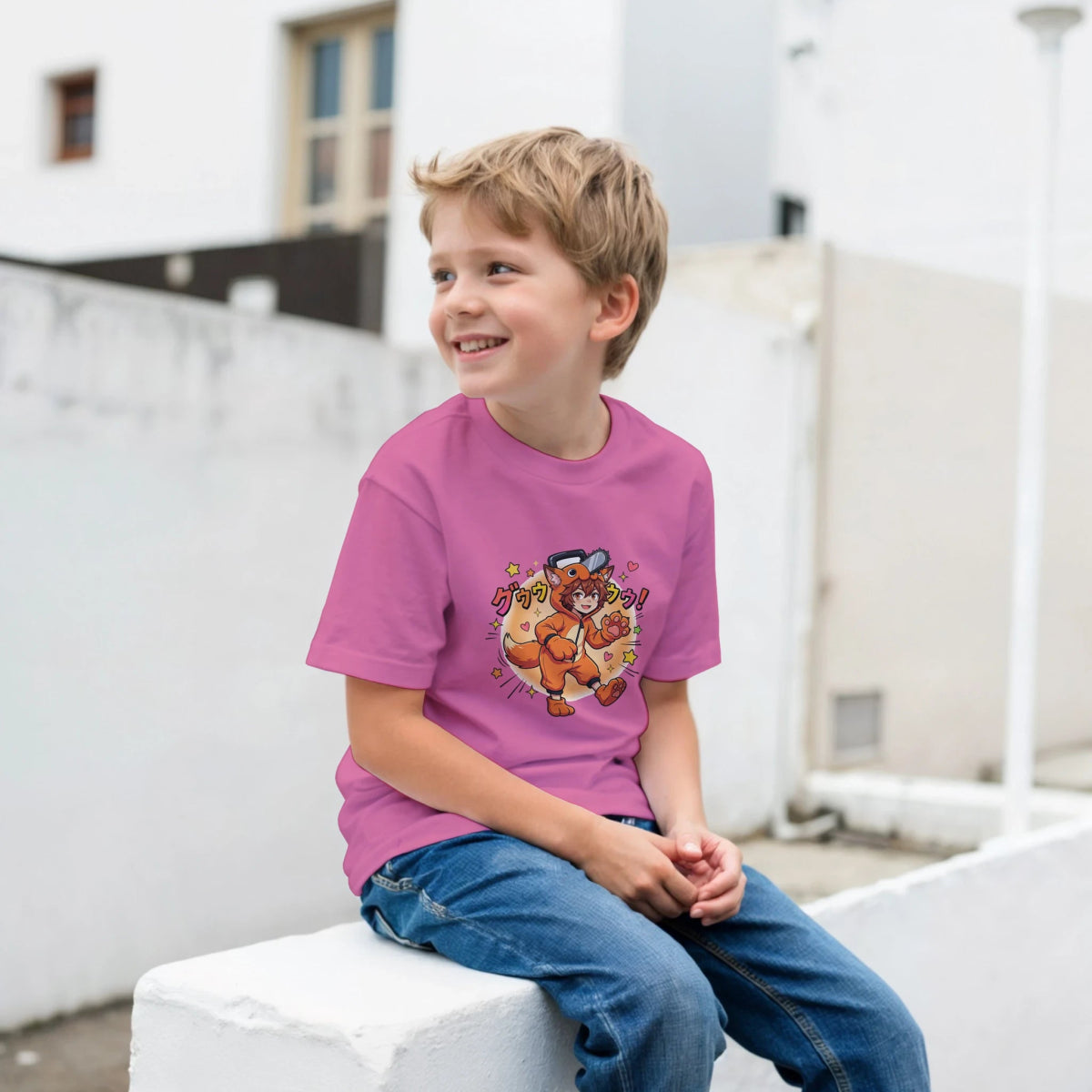 T-shirt Enfant à Col Rond - Ruka en Pochita | Chainsaw Man - Coton Doux T-shirt - KAWAII FAVIE