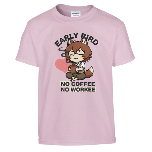 T-shirt Enfant Col Rond "Ruka avec Café" - Message Early Bird No Coffee No Workee T-shirt - KAWAII FAVIE