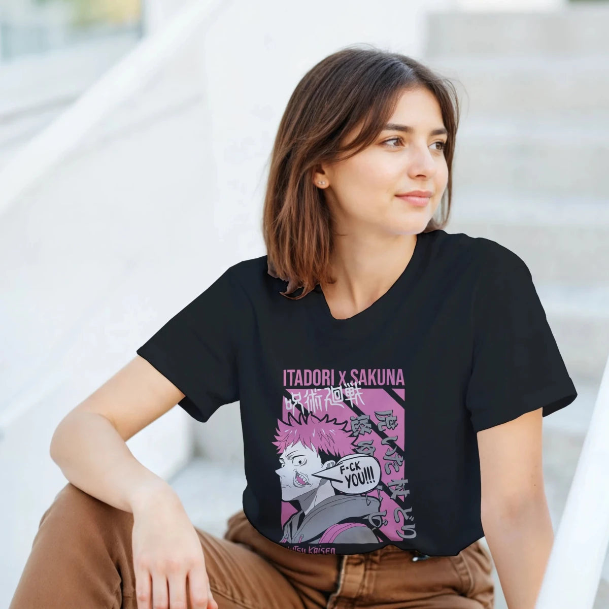 T-shirt Itadori X Sakuna - Jujutsu Kaisen - Streetwear Anime Rose & Gris T-shirt - KAWAII FAVIE