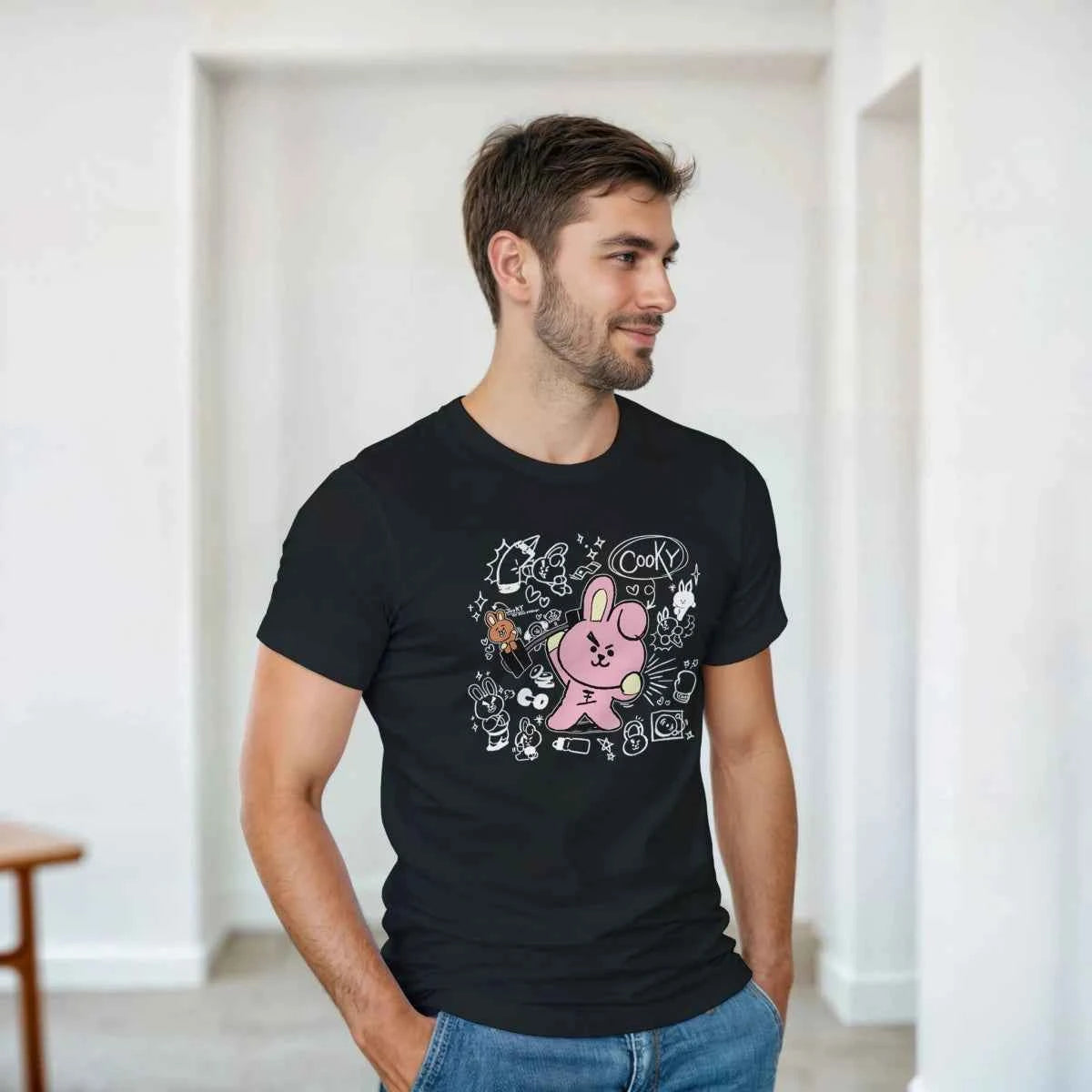 T-shirt Kpop BTS BT21 Cooky et Shooky - Rose et Marron - 100% Coton - Style Fun K-Pop