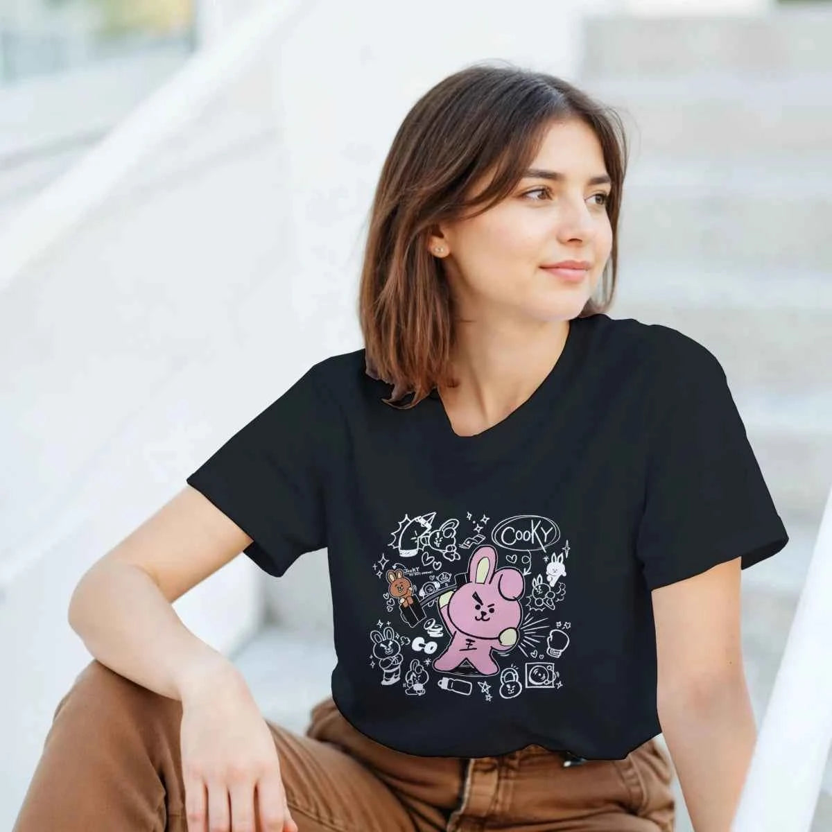 T-shirt Kpop BTS BT21 Cooky et Shooky - Rose et Marron - 100% Coton - Style Fun K-Pop