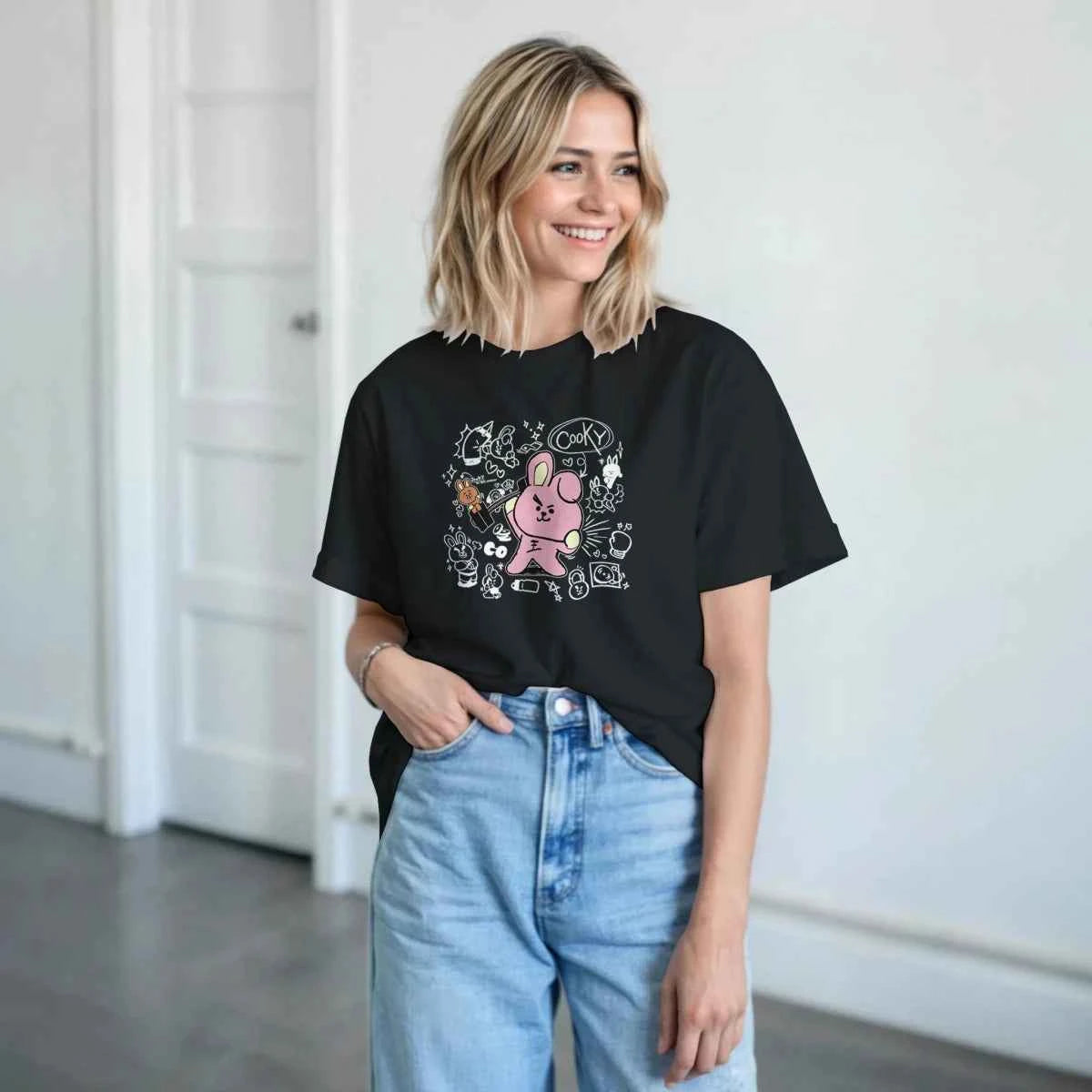 T-shirt Kpop BTS BT21 Cooky et Shooky - Rose et Marron - 100% Coton - Style Fun K-Pop