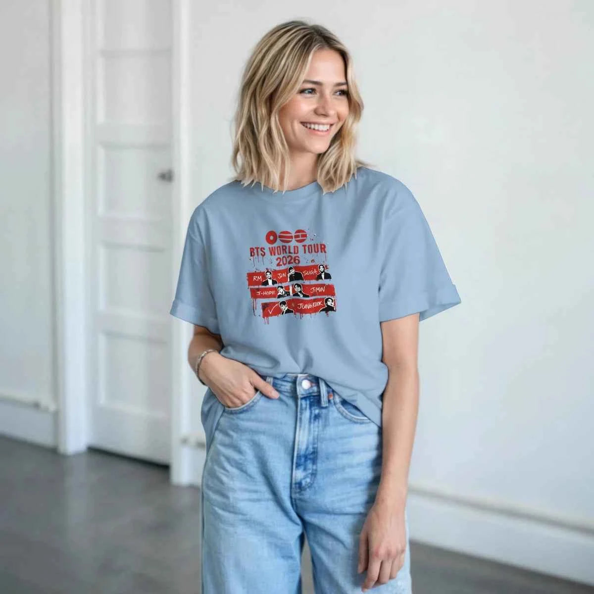 T-shirt Kpop Officiel BTS World Tour 2026 | Collection avec Photos des Membres - Unisexe Homme/Femme