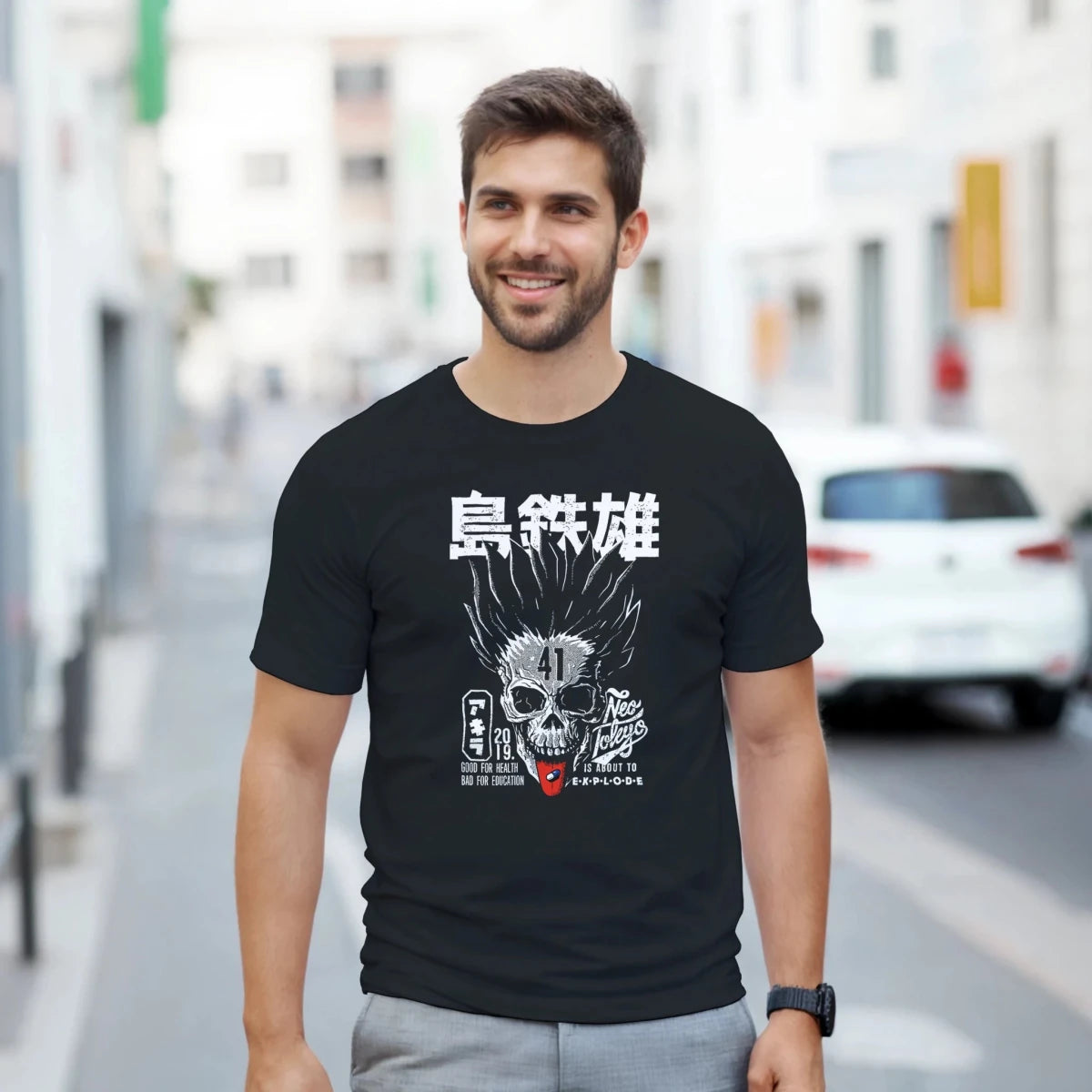 T-shirt Neo Tokyo Skull Graphic – 100% Cotton, Noir, Sizes S–3XL T-shirt - KAWAII FAVIE