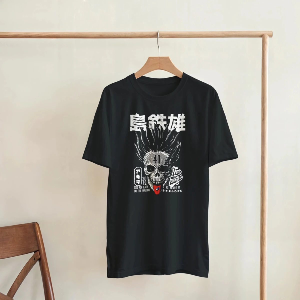 T-shirt Neo Tokyo Skull Graphic – 100% Cotton, Noir, Sizes S–3XL T-shirt - KAWAII FAVIE