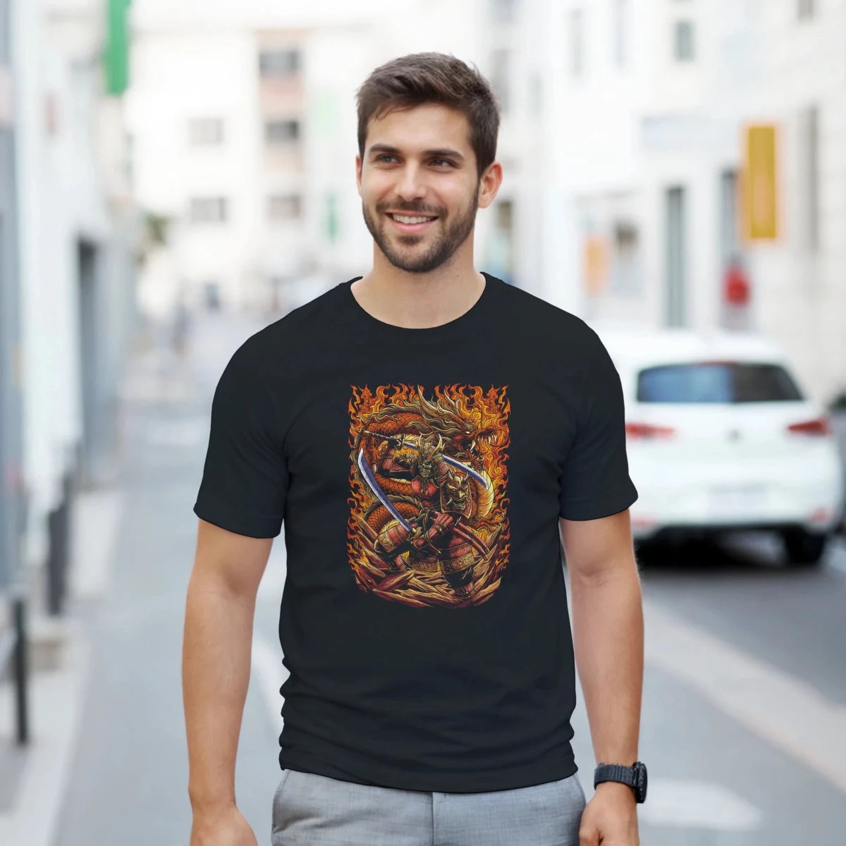 T-shirt Samouraï VS Dragon | Combat Épique Japonais - Design Détaillé & Dynamique T-shirt - KAWAII FAVIE