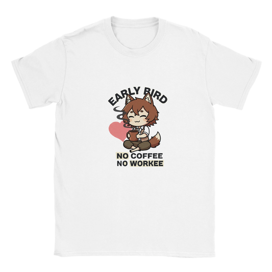 T-shirt Unisexe à Col Rond "Ruka avec Café" - Message Early Bird No Coffee No Workee T-shirt - KAWAII FAVIE