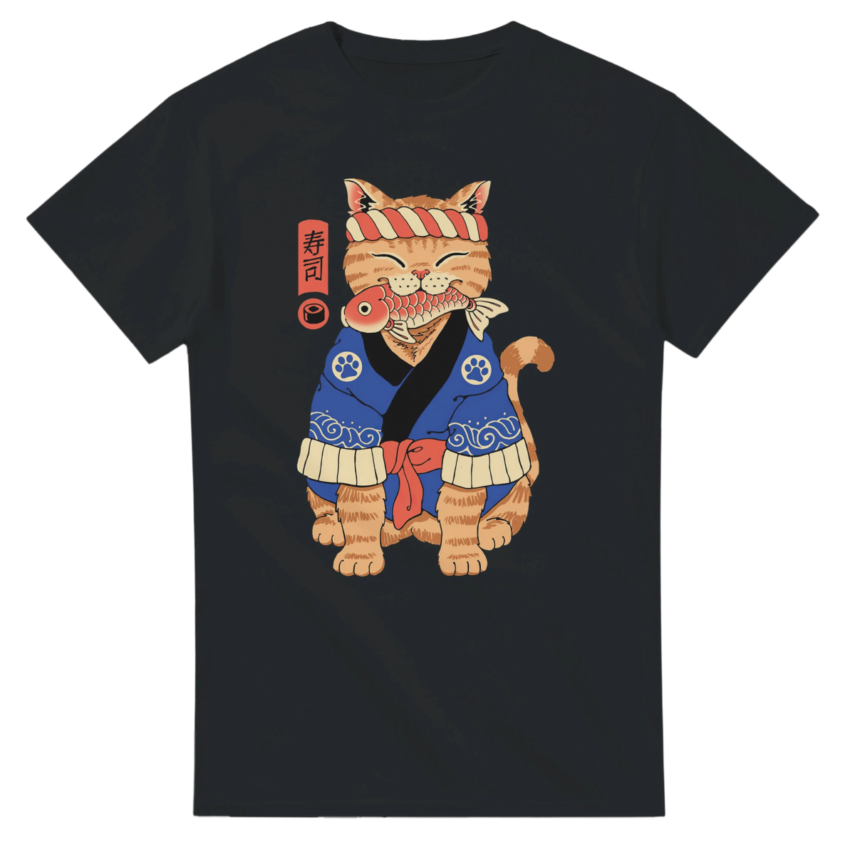T-shirt Unisexe Coton Lourd | Chat en Kimono avec Poisson - Style Japonais T-shirt - KAWAII FAVIE