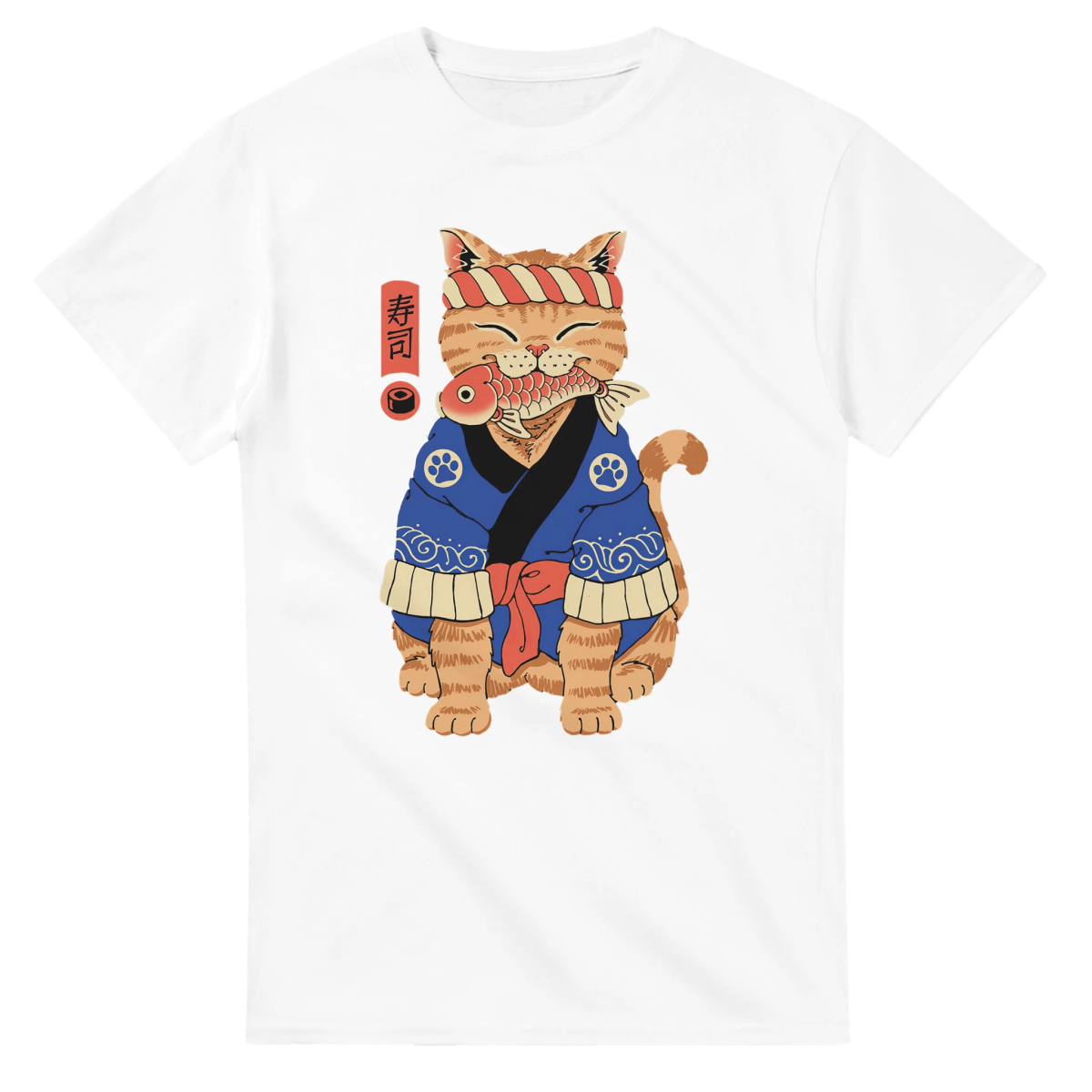 T-shirt Unisexe Coton Lourd | Chat en Kimono avec Poisson - Style Japonais T-shirt - KAWAII FAVIE