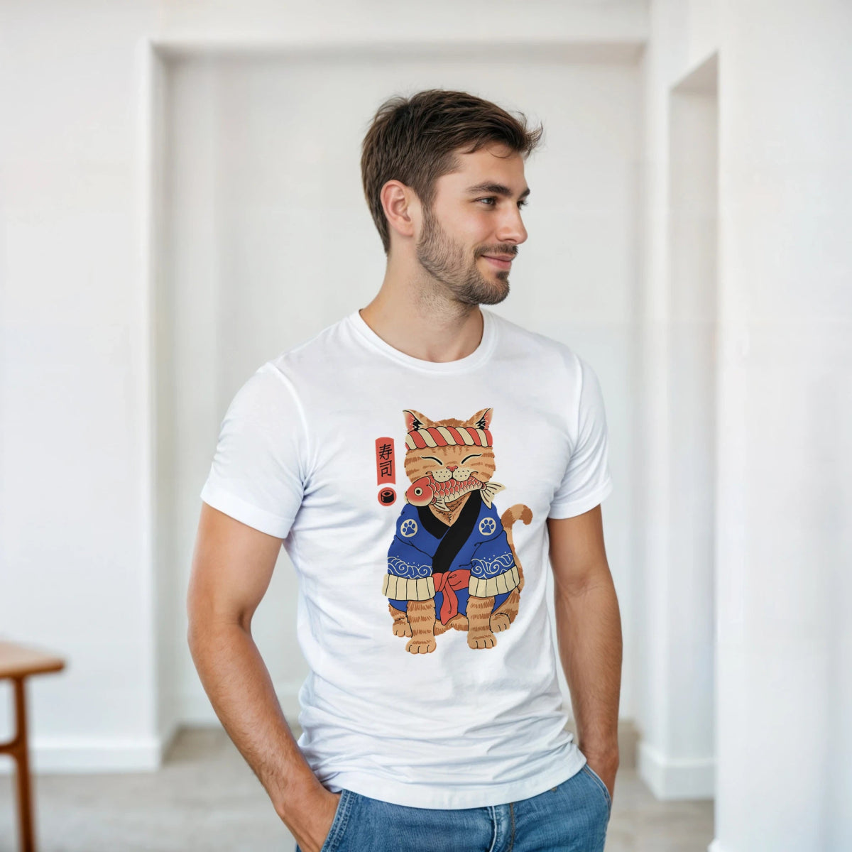 T-shirt Unisexe Coton Lourd | Chat en Kimono avec Poisson - Style Japonais T-shirt - KAWAII FAVIE