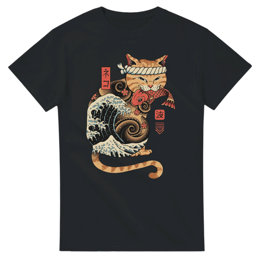 T-shirt Unisexe Coton Lourd | Chat Japonais, Vagues & Kanji - Design Artistique T-shirt - KAWAII FAVIE