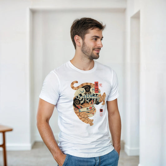 T-shirt Unisexe Coton Lourd | Chat Tigre & Crâne - Style Japonais T-shirt - KAWAII FAVIE