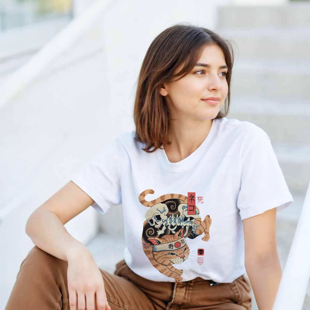 T-shirt Unisexe Coton Lourd | Chat Tigre & Crâne - Style Japonais T-shirt - KAWAII FAVIE