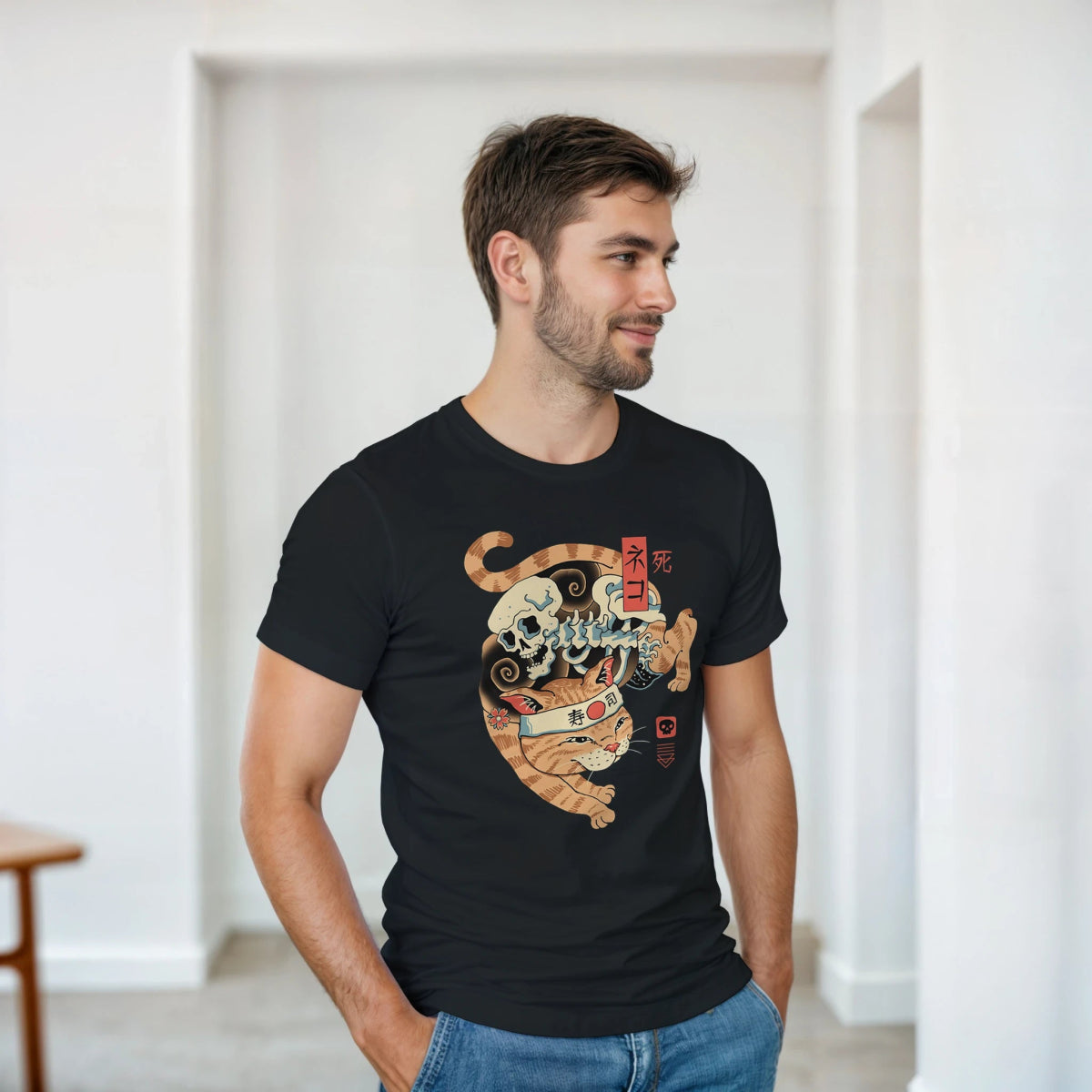 T-shirt Unisexe Coton Lourd | Chat Tigre & Crâne - Style Japonais T-shirt - KAWAII FAVIE