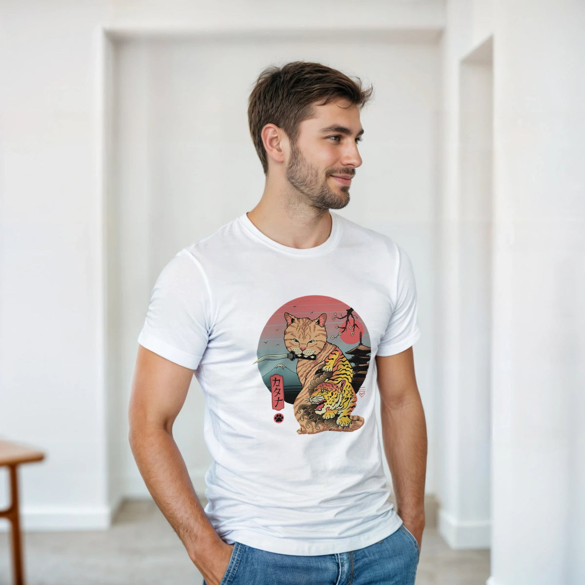 T-shirt Unisexe Coton Lourd | Collection Chat & Tigre Samouraï | Style Japonais T-shirt - KAWAII FAVIE