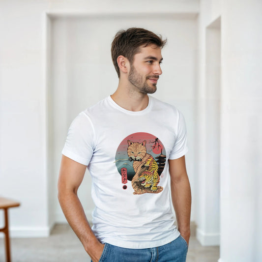 T-shirt Unisexe Coton Lourd | Collection Chat & Tigre Samouraï | Style Japonais T-shirt - KAWAII FAVIE