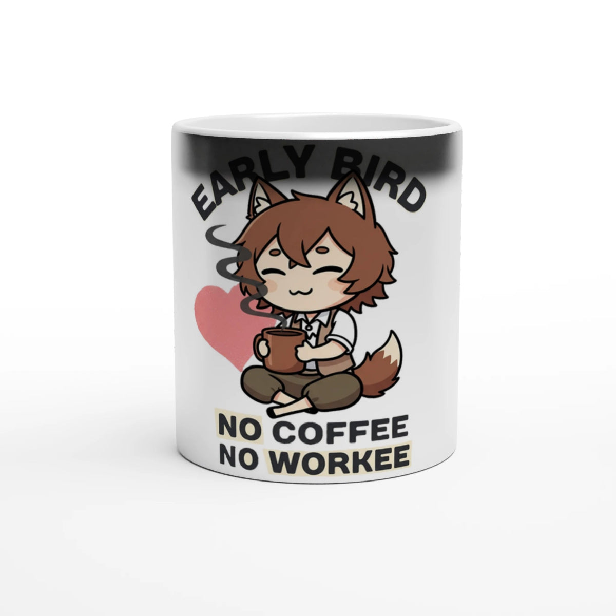 Tasse Magique en Céramique "Ruka avec Café" - Message Early Bird No Coffee No Workee Tasse - KAWAII FAVIE