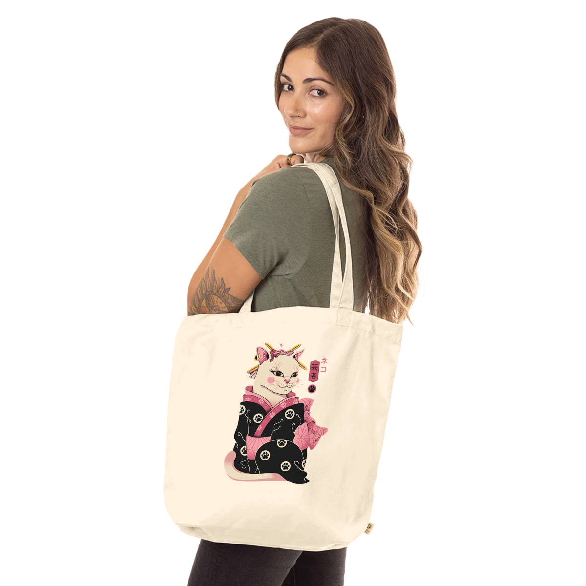 Tote Bag Biologique 100% Coton | Chat Geisha en Kimono - Art & Style Japonais Tote Bag - KAWAII FAVIE