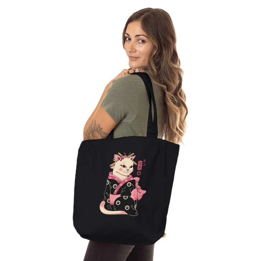 Tote Bag Biologique 100% Coton | Chat Geisha en Kimono - Art & Style Japonais Tote Bag - KAWAII FAVIE