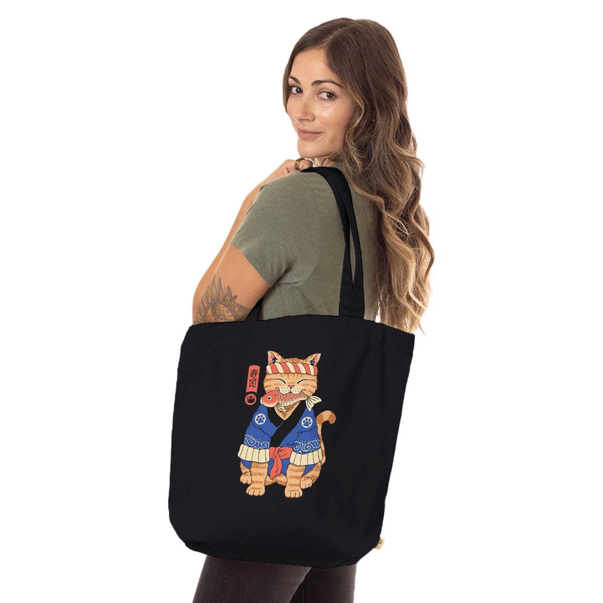 Tote Bag | Sac Fourre - Tout Biologique | Chat en Kimono avec Poisson - Style Japonais Tote Bag - KAWAII FAVIE