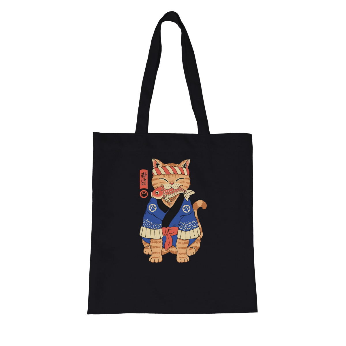 Tote Bag | Sac Fourre - Tout Biologique | Chat en Kimono avec Poisson - Style Japonais Tote Bag - KAWAII FAVIE