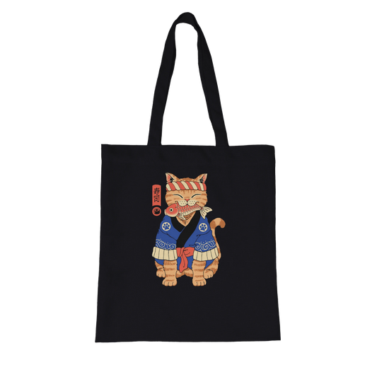 Tote Bag | Sac Fourre - Tout Biologique | Chat en Kimono avec Poisson - Style Japonais Tote Bag - KAWAII FAVIE