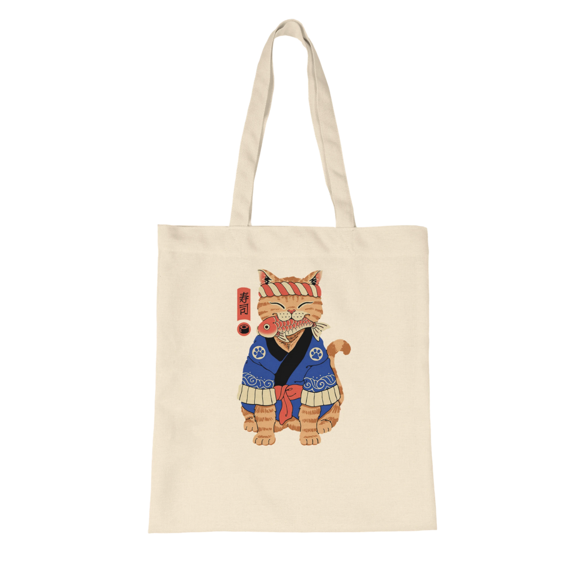 Tote Bag | Sac Fourre - Tout Biologique | Chat en Kimono avec Poisson - Style Japonais Tote Bag - KAWAII FAVIE