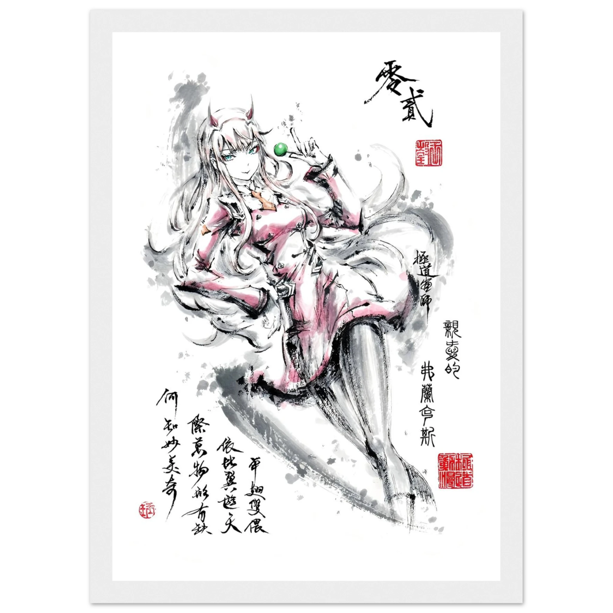 Zero Two Sumi-e Poster - Darling FRANXX Art Avec Cadre En Bois POSTER CADRE- KAWAII FAVIE